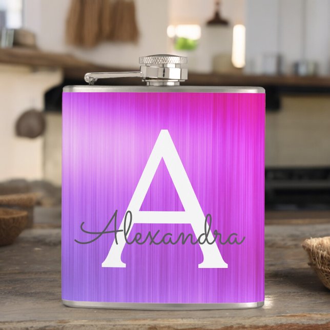 Pink - Purple Brushed Metal Monogram Name Hip Flask (Creator Uploaded)