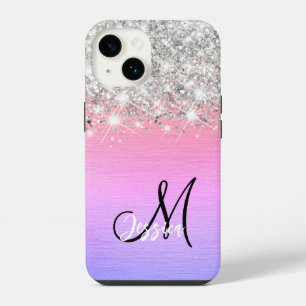 Pink Purple Brushed Metal Silver Glitter Monogram iPhone 14 Case