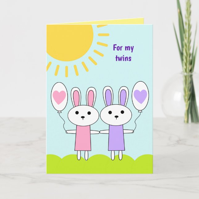 Pink Purple Bunny Twin Girls Easter Holiday Card (Front)