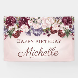 Pink Purple Burgundy Vintage Floral Happy Birthday Banner