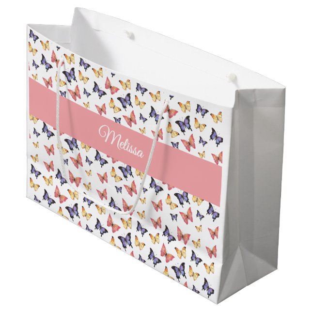 Pink Purple Butterflies Custom Name Large Gift Bag (Front Angled)