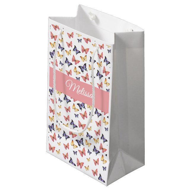 Pink Purple Butterflies Custom Name Small Gift Bag (Front Angled)