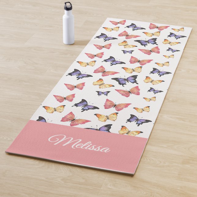 Pink Purple Butterflies Custom Name Yoga Mat (In Situ)