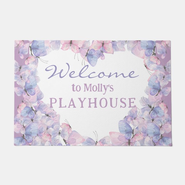 Pink Purple Butterflies custom playhouse welcome Doormat (Front)