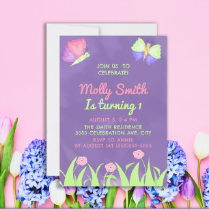 Pink Purple Butterflies Girl 1st Birthday Invitation
