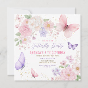 Pink Purple Butterflies Girl 5th Birthday Party Invitation