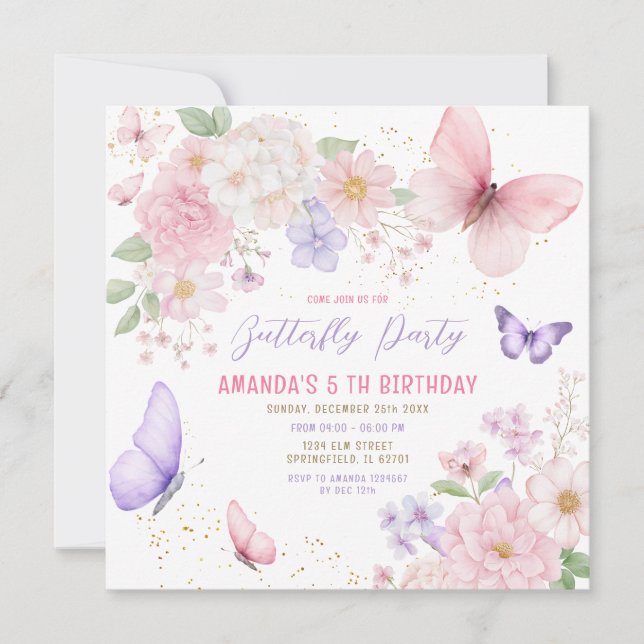 Pink Purple Butterflies Girl 5th Birthday Party Invitation (Front)