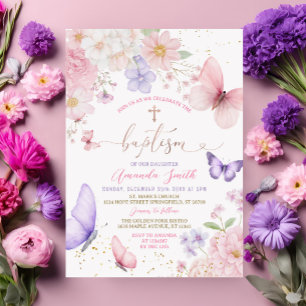 Pink & Purple Butterflies Girl Watercolor Baptism Invitation