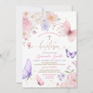Pink & Purple Butterflies Girl Watercolor Baptism Invitation