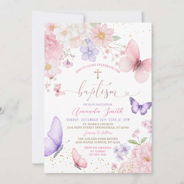 Pink & Purple Butterflies Girl Watercolor Baptism Invitation (Front)