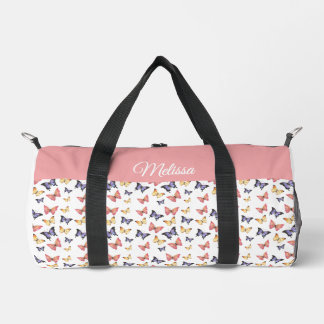 Pink Purple Butterflies Monogram Name Duffel Bag