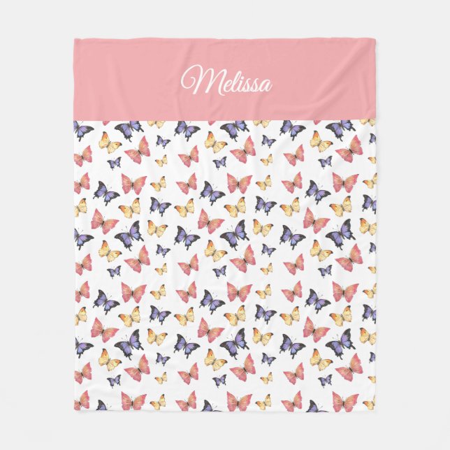Pink Purple Butterflies Monogram Name Fleece Blanket (Front)