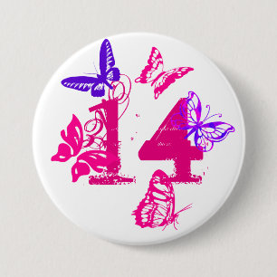 Pink, purple butterflies, pink '14' button, nine. 7.5 cm round badge
