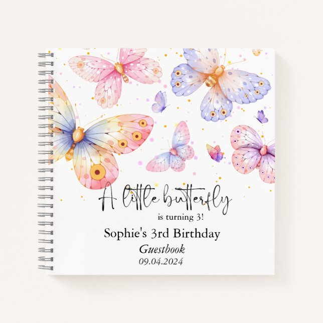 Pink Purple Butterfly All Ages Birthday Guestbook Notebook (Front)