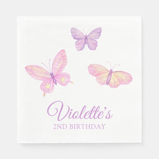 Pink Purple Butterfly Baby Birthday Party Napkin (Front)