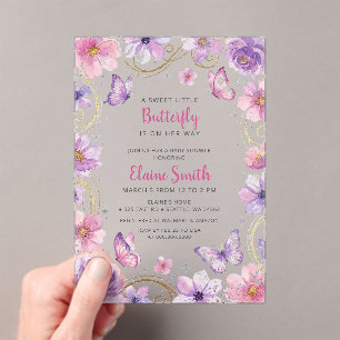 Pink Purple Butterfly Baby Shower Acrylic Invitations