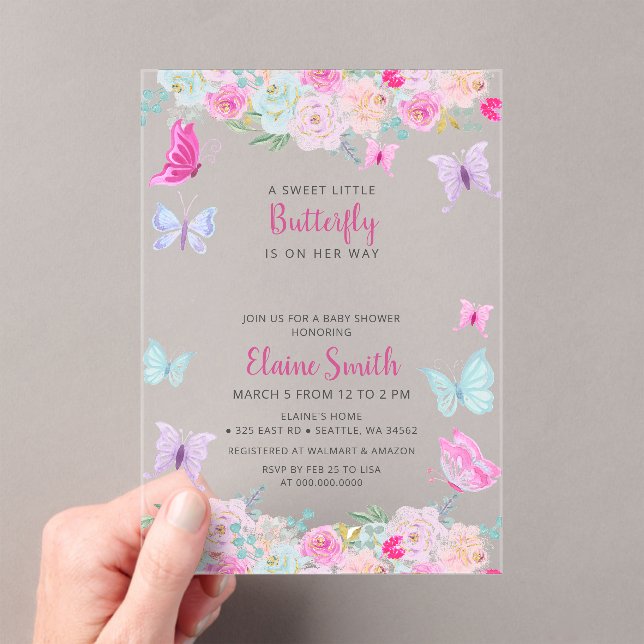 Pink Purple Butterfly Baby Shower  Acrylic Invitations (Insitu (Handheld))