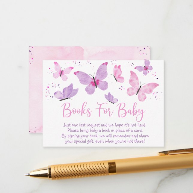 Pink Purple Butterfly Baby Shower Book Request Enclosure Card (Front/Back In Situ)