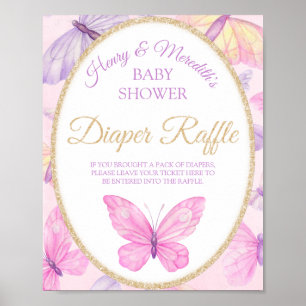 Pink & Purple Butterfly Baby Shower Diaper Raffle Poster