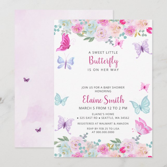 Pink Purple Butterfly Baby Shower  Invitation (Front/Back)