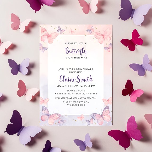Pink Purple Butterfly Baby Shower  Invitation (Pink Purple Butterfly Baby Shower Invitation)