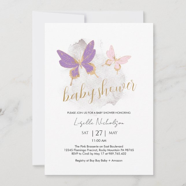 Pink Purple Butterfly Baby Shower Invitation (Front)