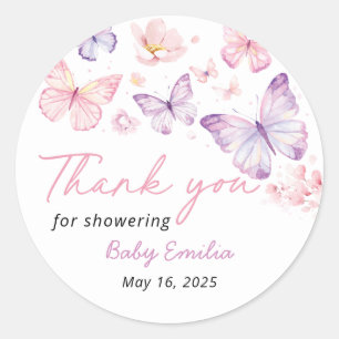 Pink Purple Butterfly Baby Shower Thank You Favour Classic Round Sticker