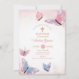 Pink Purple Butterfly Baptism Gold Cross Flowers Invitation