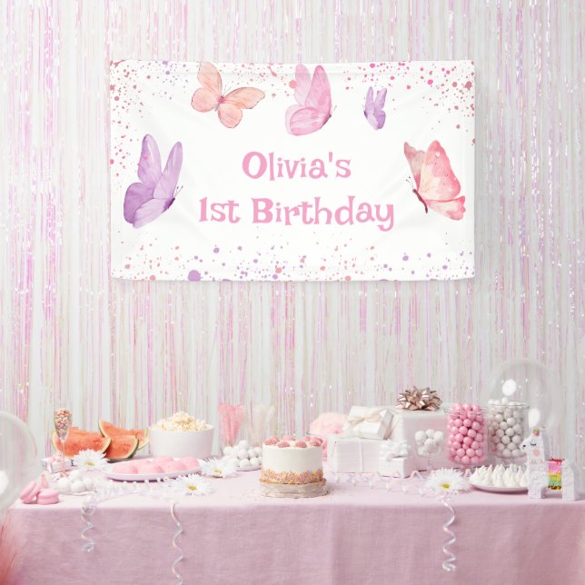 Pink Purple Butterfly Birthday Banner (Party)