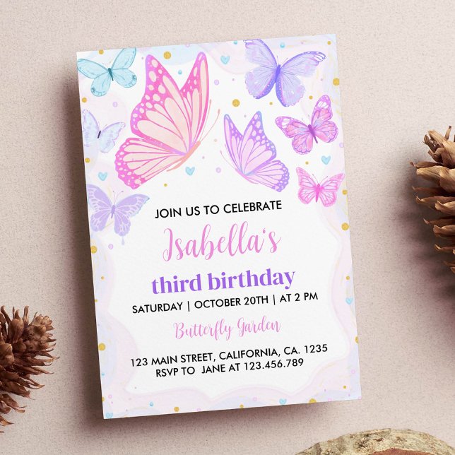 Pink Purple Butterfly Birthday Invitation (Creator Uploaded)
