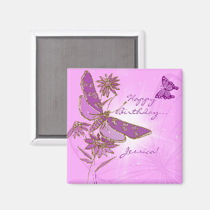 Pink Purple Butterfly Birthday Magnet