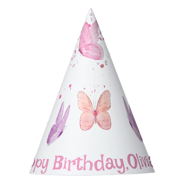 Pink Purple Butterfly Birthday Party Hat (Front)