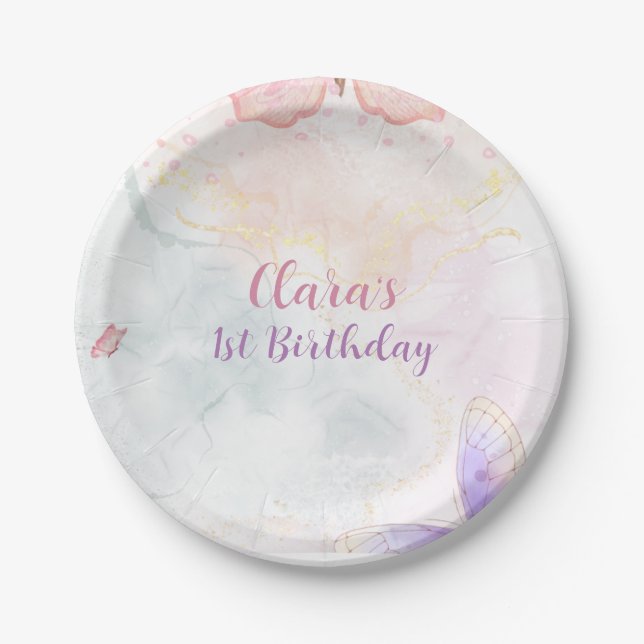 Pink&Purple Butterfly Birthday Party Paper Plates (Front)
