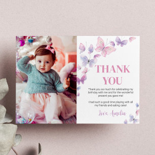 Pink Purple Butterfly Birthday Photo Thank You Card