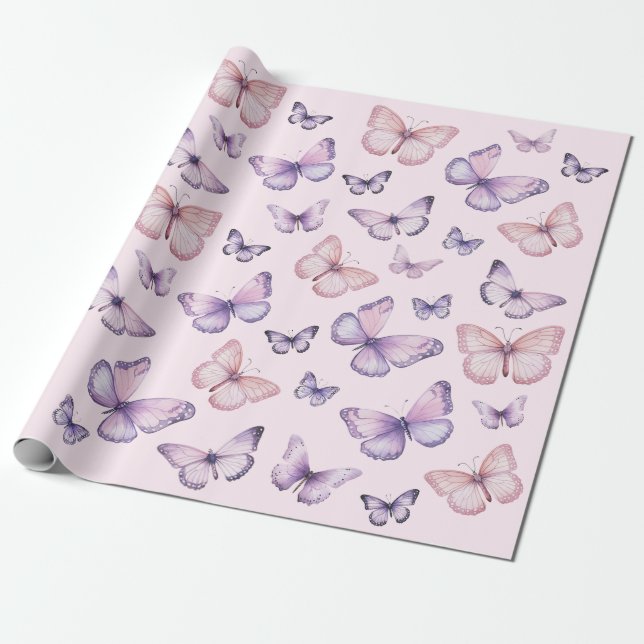 Pink Purple Butterfly Birthday  Wrapping Paper (Unrolled)