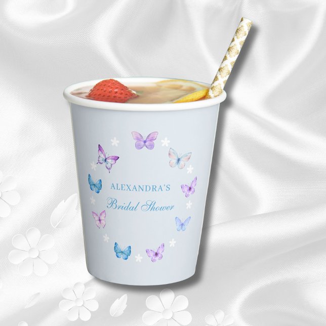 Pink Purple Butterfly Dusty Blue Bridal Shower Paper Cups (Creator Uploaded)