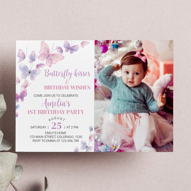 Pink Purple Butterfly First Birthday Invitation (Creator Uploaded)