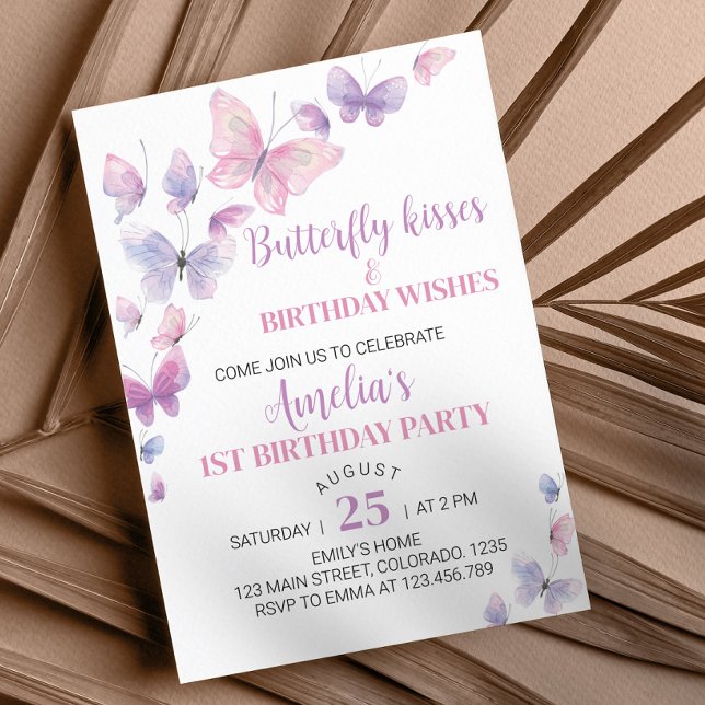 Pink Purple Butterfly First Birthday Invitation (Creator Uploaded)