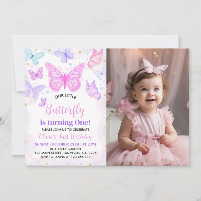 Pink Purple Butterfly First Birthday Invitation (Front)