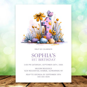 Pink Purple Butterfly Flowers 1st Birthday Party Invitation