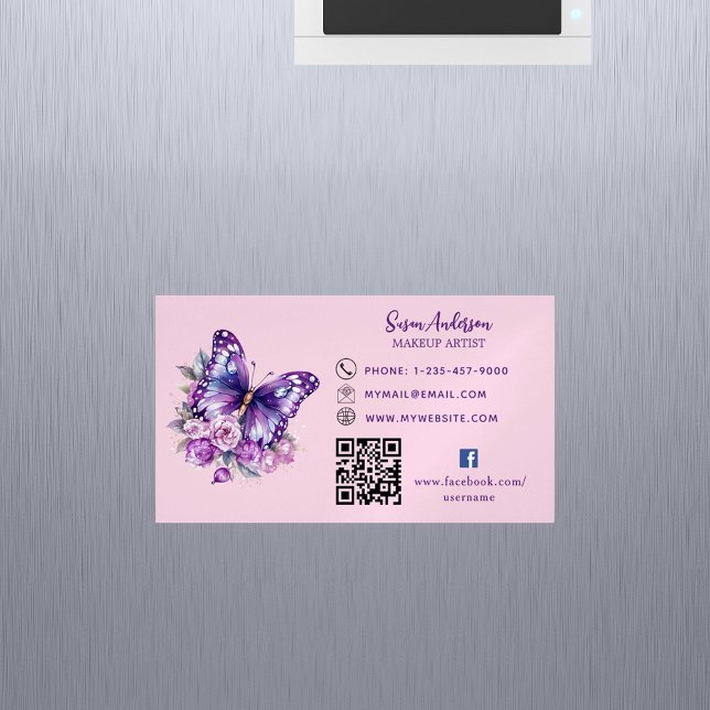 Pink purple butterfly flowers QR code Facebook Magnetic Business Card (Creator Uploaded)