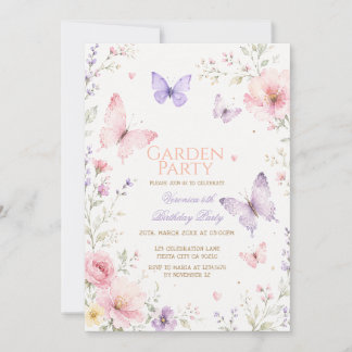 Pink Purple Butterfly Garden Party Birthday  Invitation