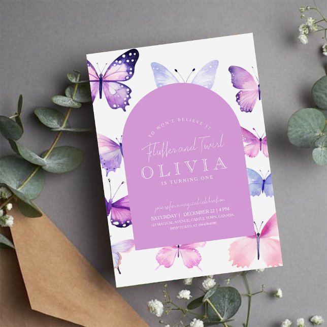 Pink Purple Butterfly Girl 1st Birthday Party  Invitation (Creator Uploaded)