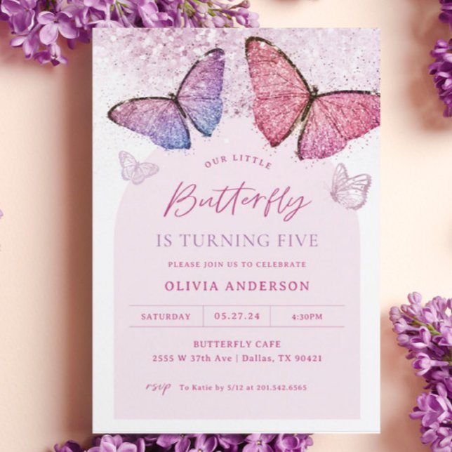 Pink Purple Butterfly Girl 5th Birthday Party Invitation (Creator Uploaded)