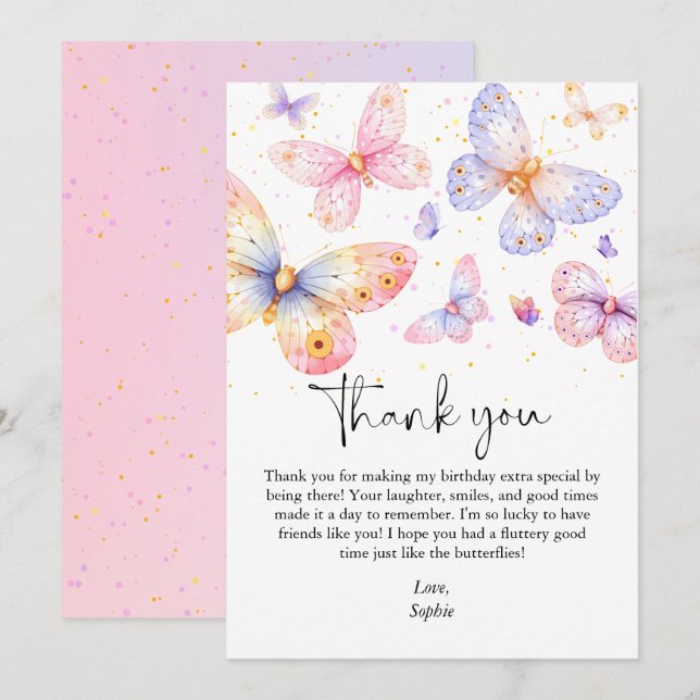 Pink Purple Butterfly Girl All Ages Birthday  Thank You Card (Front/Back)