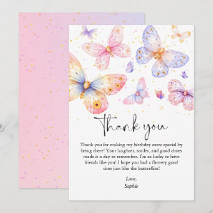 Pink Purple Butterfly Girl All Ages Birthday  Thank You Card