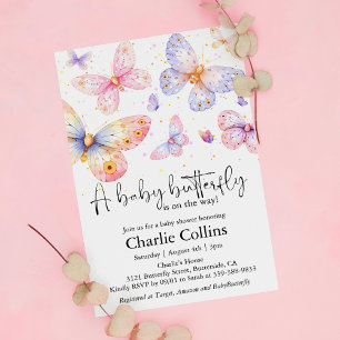 Pink Purple Butterfly Girl Baby Shower Invitation