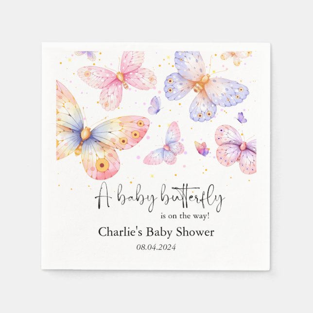 Pink Purple Butterfly Girl Baby Shower  Napkin (Front)