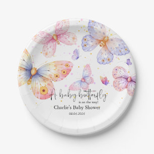 Pink Purple Butterfly Girl Baby Shower Paper Plate
