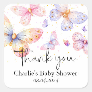 Pink Purple Butterfly Girl Baby Shower Square Sticker